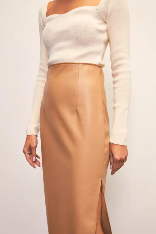 Leather Skirt with Side Slit - CAMEL - 6