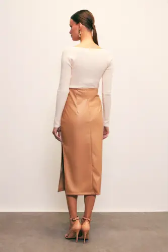 Leather Skirt with Side Slit - CAMEL - 7