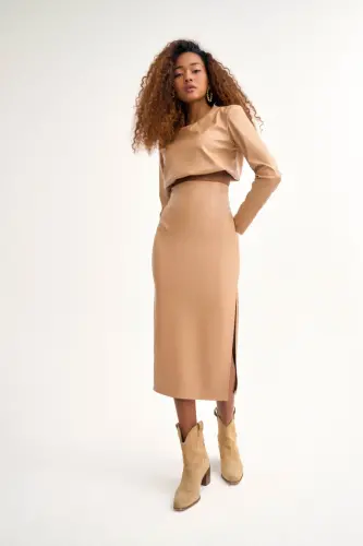 Leather Skirt with Side Slit - Stone - 1