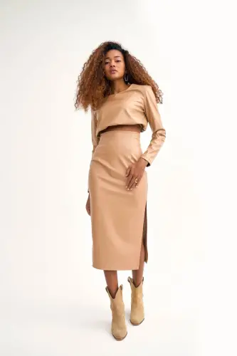 Leather Skirt with Side Slit - Stone - 3