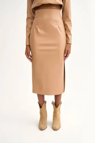 Leather Skirt with Side Slit - Stone - 4