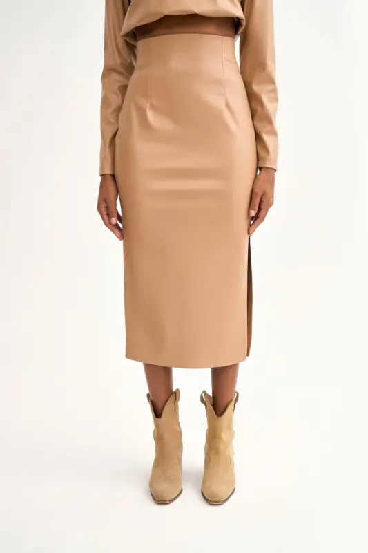 Leather Skirt with Side Slit - Stone - 4
