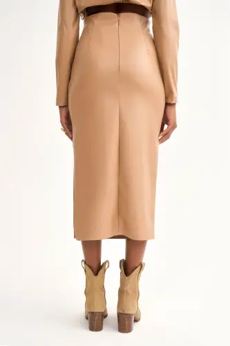 Leather Skirt with Side Slit - Stone - 5