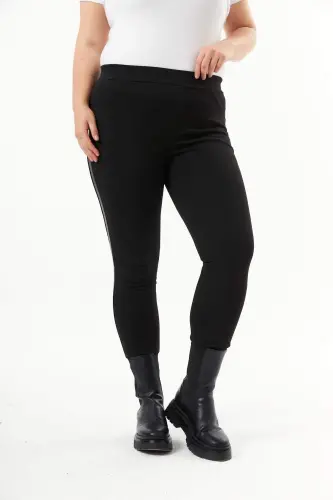 Leather Trim Plus Size Black Leggings Pants - BÜYÜKBEDENIZ (1)