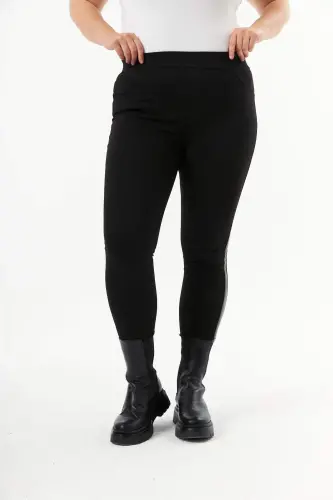 Leather Trim Plus Size Black Leggings Pants - 3