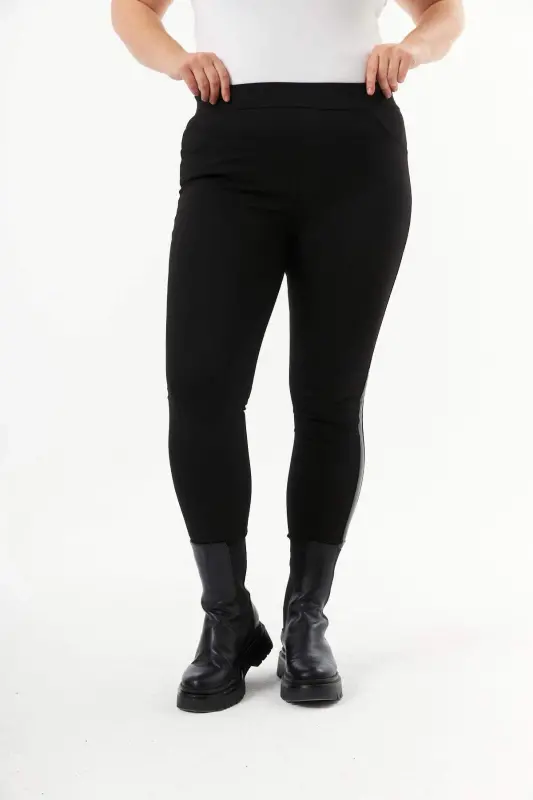 Leather Trim Plus Size Black Leggings Pants - 3