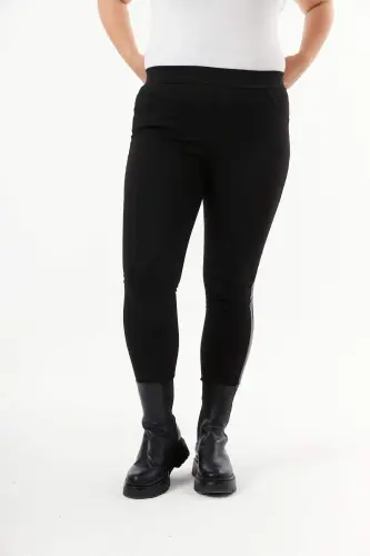 Leather Trim Plus Size Black Leggings Pants - 5