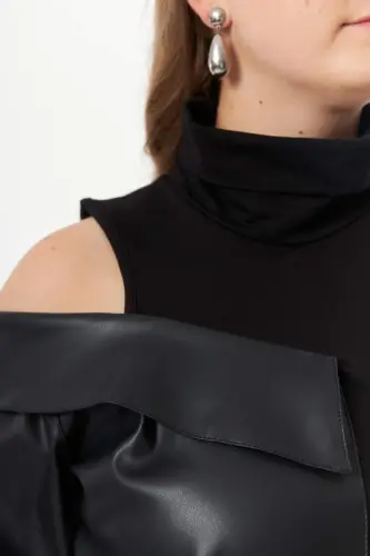 Leather Trimmed Black Plus Size Sweatshirt - BÜYÜKBEDENIZ (1)