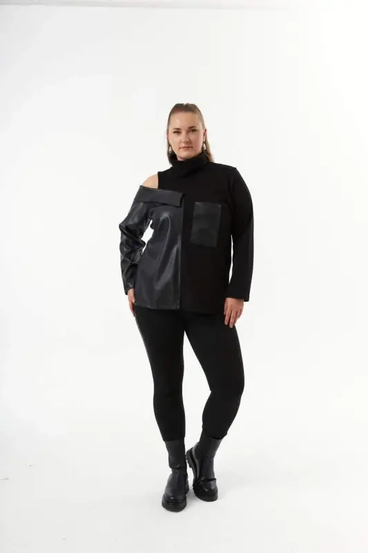 Leather Trimmed Black Plus Size Sweatshirt - 5