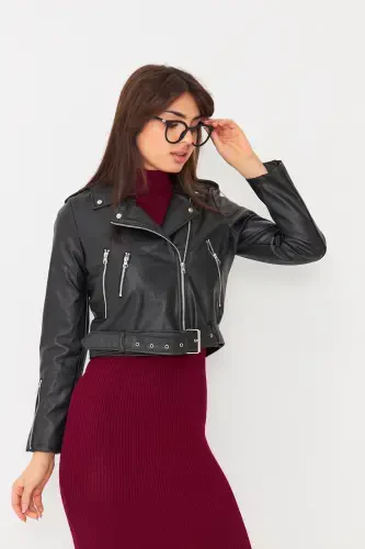 Leather Women Black Sleeves Zippered Leather Jacket-Black - 1