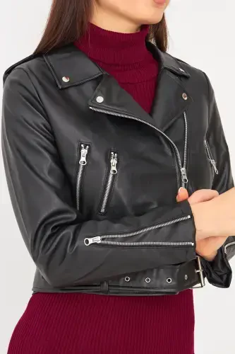 Leather Women Black Sleeves Zippered Leather Jacket-Black - SORTEÈ (1)