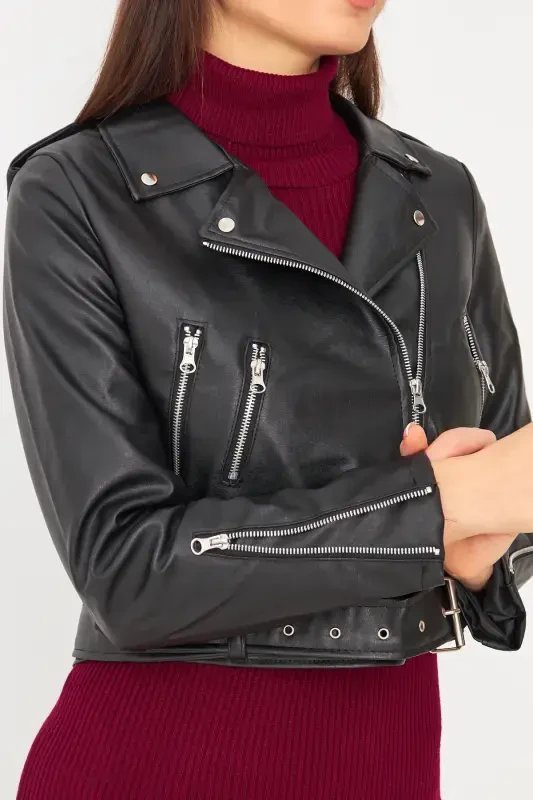 Leather Women Black Sleeves Zippered Leather Jacket-Black - 2