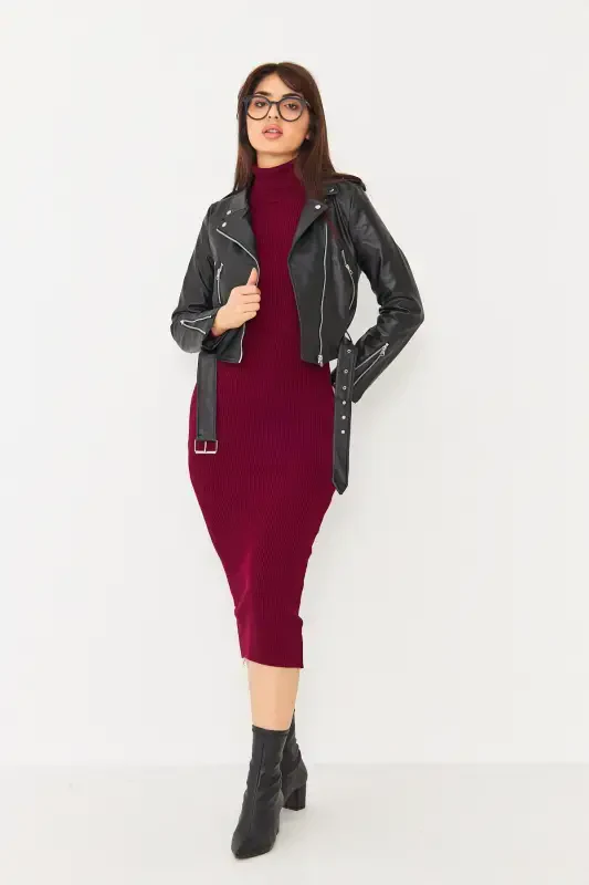 Leather Women Black Sleeves Zippered Leather Jacket-Black - 3