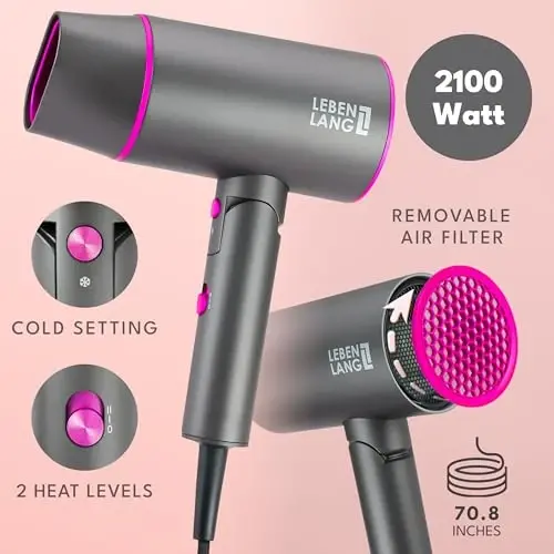 LEBENLANG Ionic Hair Dryer, 1875W - Foldable, Portable, Compact, Mini, Travel, Diffuser, Curly Hair - 5