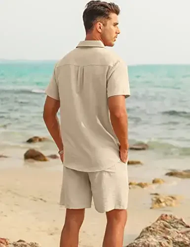 LecGee erkaklar uchun zig'ir kostyumlari tugmachali Kuba Guayabera ko'ylak shortilar to'plami 2 qismli zig'ir kiyimlar - 3