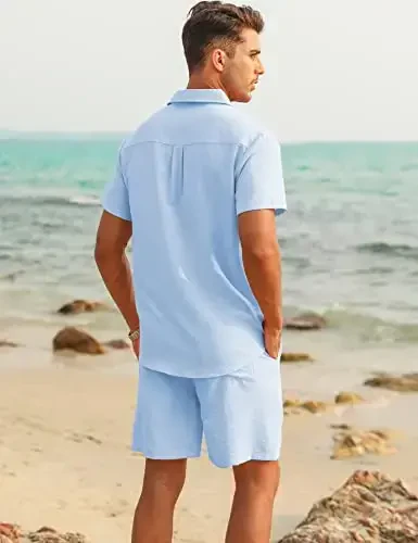 LecGee erkaklar uchun zig'ir kostyumlari tugmachali Kuba Guayabera ko'ylak shortilar to'plami 2 qismli zig'ir kiyimlar - 3