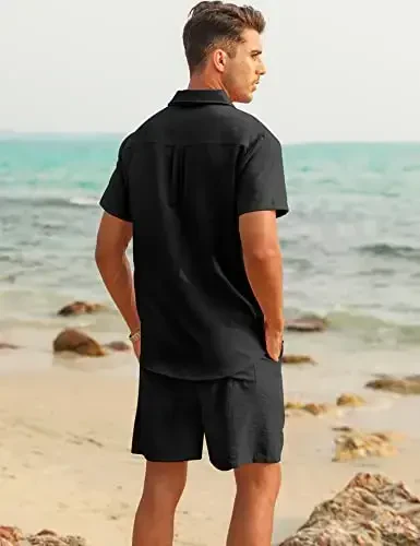 LecGee erkaklar uchun zig'ir kostyumlari tugmachali Kuba Guayabera ko'ylak shortilar to'plami 2 qismli zig'ir kiyimlari - 3