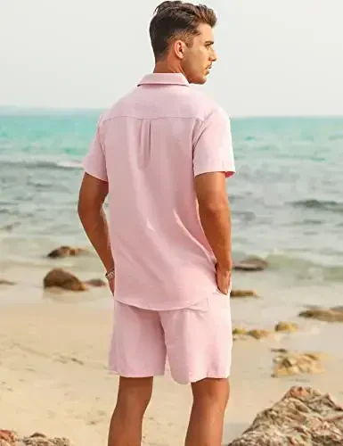 LecGee erkaklar uchun zig'ir kostyumlari tugmachali Kuba Guayabera ko'ylak shortilar to'plami 2 qismli zig'ir liboslar - 2