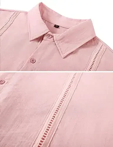 LecGee erkaklar uchun zig'ir kostyumlari tugmachali Kuba Guayabera ko'ylak shortilar to'plami 2 qismli zig'ir liboslar - 5