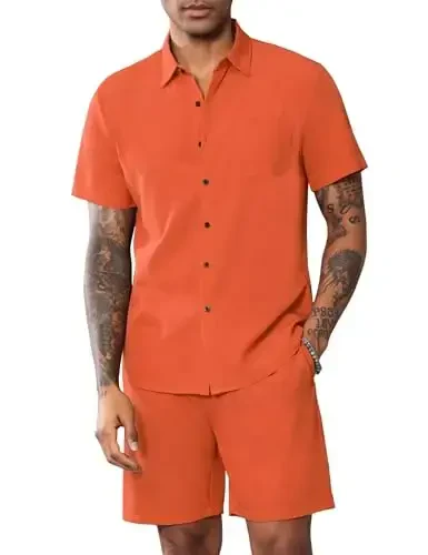 LecGee Erkaklar yozgi kundalik qisqa komplektlari Qattiq qisqa yengli cho'ntak tugmachali ko'ylak Elastik shortilar 2 qismli kostyum - 2