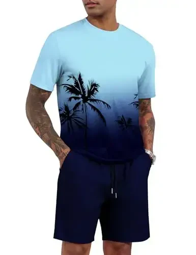 LecGee Men's 2 Piece Short Sleeve Tracksuit Tropical Graphic T Shirt Hawaiian Tee Solid Shorts Set Summer Casual Outfits - MODAZONE