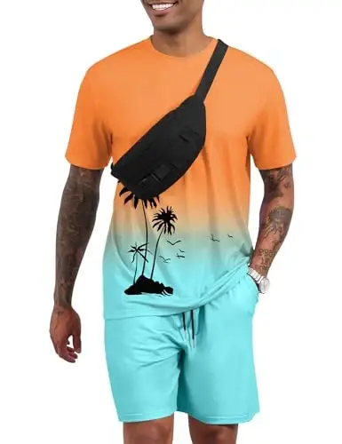 LecGee Men's 2 Piece Short Sleeve Tracksuit Tropical Graphic T Shirt Hawaiian Tee Solid Shorts Set Summer Casual Outfits - MODAZONE (1)