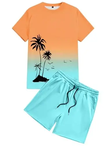 LecGee Men's 2 Piece Short Sleeve Tracksuit Tropical Graphic T Shirt Hawaiian Tee Solid Shorts Set Summer Casual Outfits - 4