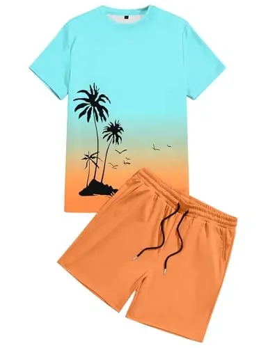 LecGee Men's 2 Piece Short Sleeve Tracksuit Tropical Graphic T Shirt Hawaiian Tee Solid Shorts Set Summer Casual Outfits - 4