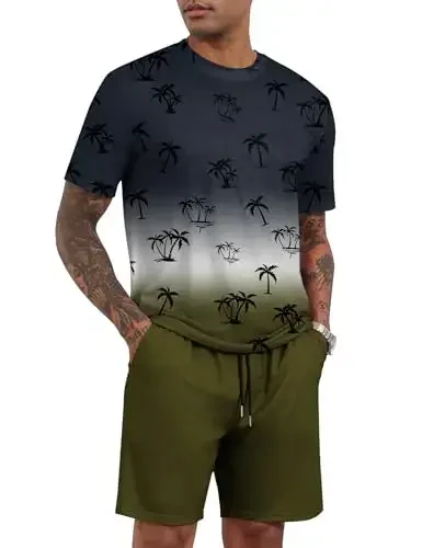 LecGee Men's 2 Piece Short Sleeve Tracksuit Tropical Graphic T Shirt Hawaiian Tee Solid Shorts Set Summer Casual Outfits 