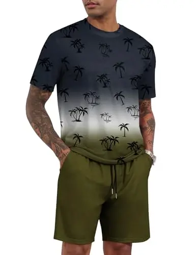 LecGee Men's 2 Piece Short Sleeve Tracksuit Tropical Graphic T Shirt Hawaiian Tee Solid Shorts Set Summer Casual Outfits - 1