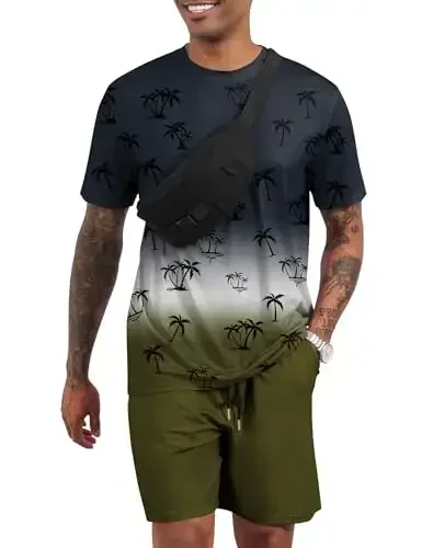 LecGee Men's 2 Piece Short Sleeve Tracksuit Tropical Graphic T Shirt Hawaiian Tee Solid Shorts Set Summer Casual Outfits - MODAZONE (1)