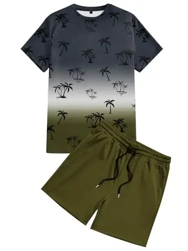 LecGee Men's 2 Piece Short Sleeve Tracksuit Tropical Graphic T Shirt Hawaiian Tee Solid Shorts Set Summer Casual Outfits - 4