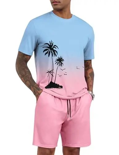 LecGee Men's 2 Piece Short Sleeve Tracksuit Tropical Graphic T Shirt Hawaiian Tee Solid Shorts Set Summer Casual Outfits 