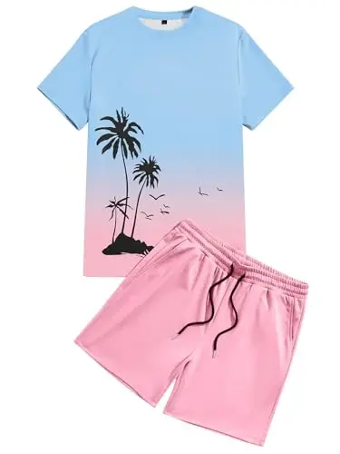 LecGee Men's 2 Piece Short Sleeve Tracksuit Tropical Graphic T Shirt Hawaiian Tee Solid Shorts Set Summer Casual Outfits - 4