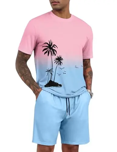 LecGee Men's 2 Piece Short Sleeve Tracksuit Tropical Graphic T Shirt Hawaiian Tee Solid Shorts Set Summer Casual Outfits 