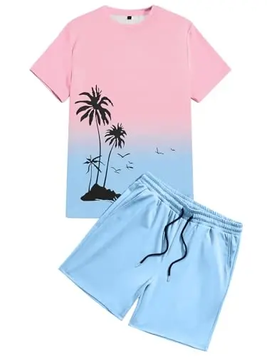 LecGee Men's 2 Piece Short Sleeve Tracksuit Tropical Graphic T Shirt Hawaiian Tee Solid Shorts Set Summer Casual Outfits - 4