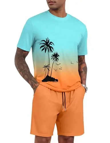 LecGee Men's 2 Piece Short Sleeve Tracksuit Tropical Graphic T Shirt Hawaiian Tee Solid Shorts Set Summer Casual Outfits - 1