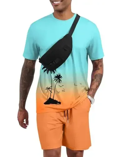 LecGee Men's 2 Piece Short Sleeve Tracksuit Tropical Graphic T Shirt Hawaiian Tee Solid Shorts Set Summer Casual Outfits - LecGee (1)