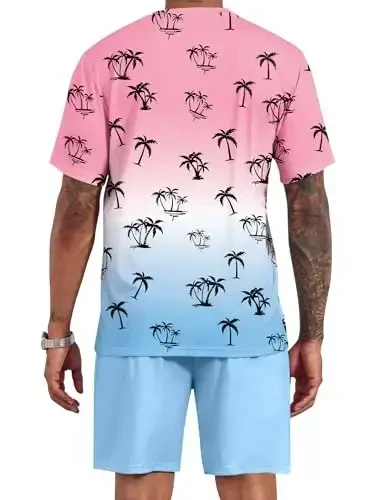 LecGee Men's 2 Piece Short Sleeve Tracksuit Tropical Graphic T Shirt Hawaiian Tee Solid Shorts Set Summer Casual Outfits - 3
