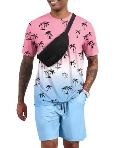 LecGee Men's 2 Piece Short Sleeve Tracksuit Tropical Graphic T Shirt Hawaiian Tee Solid Shorts Set Summer Casual Outfits - 2