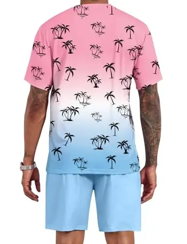 LecGee Men's 2 Piece Short Sleeve Tracksuit Tropical Graphic T Shirt Hawaiian Tee Solid Shorts Set Summer Casual Outfits - 3
