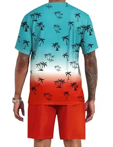 LecGee Men's 2 Piece Short Sleeve Tracksuit Tropical Graphic T Shirt Hawaiian Tee Solid Shorts Set Summer Casual Outfits - 3