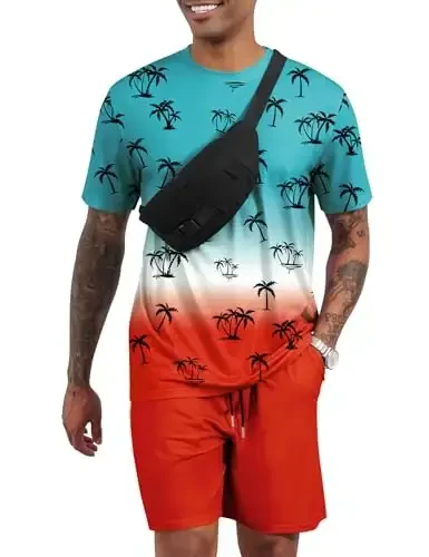 LecGee Men's 2 Piece Short Sleeve Tracksuit Tropical Graphic T Shirt Hawaiian Tee Solid Shorts Set Summer Casual Outfits - LecGee (1)