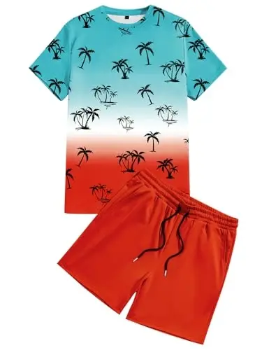 LecGee Men's 2 Piece Short Sleeve Tracksuit Tropical Graphic T Shirt Hawaiian Tee Solid Shorts Set Summer Casual Outfits - 4