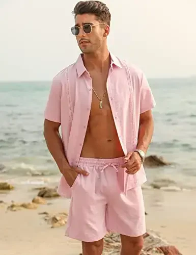 LecGee Linen Sets For Men Button Down Cuban Guayabera Shirt Shorts Set 2 Piece Linen Outfits - 3