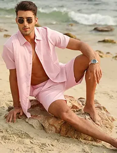 LecGee Linen Sets For Men Button Down Cuban Guayabera Shirt Shorts Set 2 Piece Linen Outfits - 4