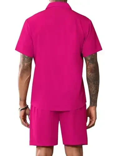 LecGee Men Summer Casual Short Sets Solid Short Sleeve Pocket Button Down Shirt Elastic Shorts 2 Piece Outfits Tracksuit - 3