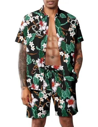 LecGee Men Summer Casual Short Sets Solid Short Sleeve Pocket Button Down Shirt Elastic Shorts 2 Piece Outfits Tracksuit - 1