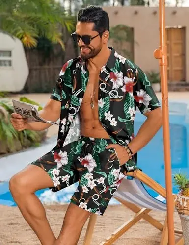 LecGee Men Summer Casual Short Sets Solid Short Sleeve Pocket Button Down Shirt Elastic Shorts 2 Piece Outfits Tracksuit - 5