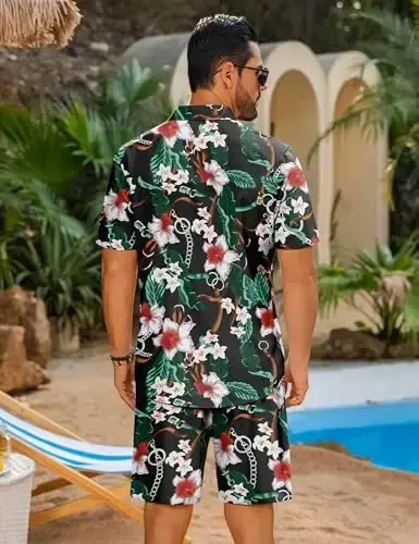 LecGee Men Summer Casual Short Sets Solid Short Sleeve Pocket Button Down Shirt Elastic Shorts 2 Piece Outfits Tracksuit - 6